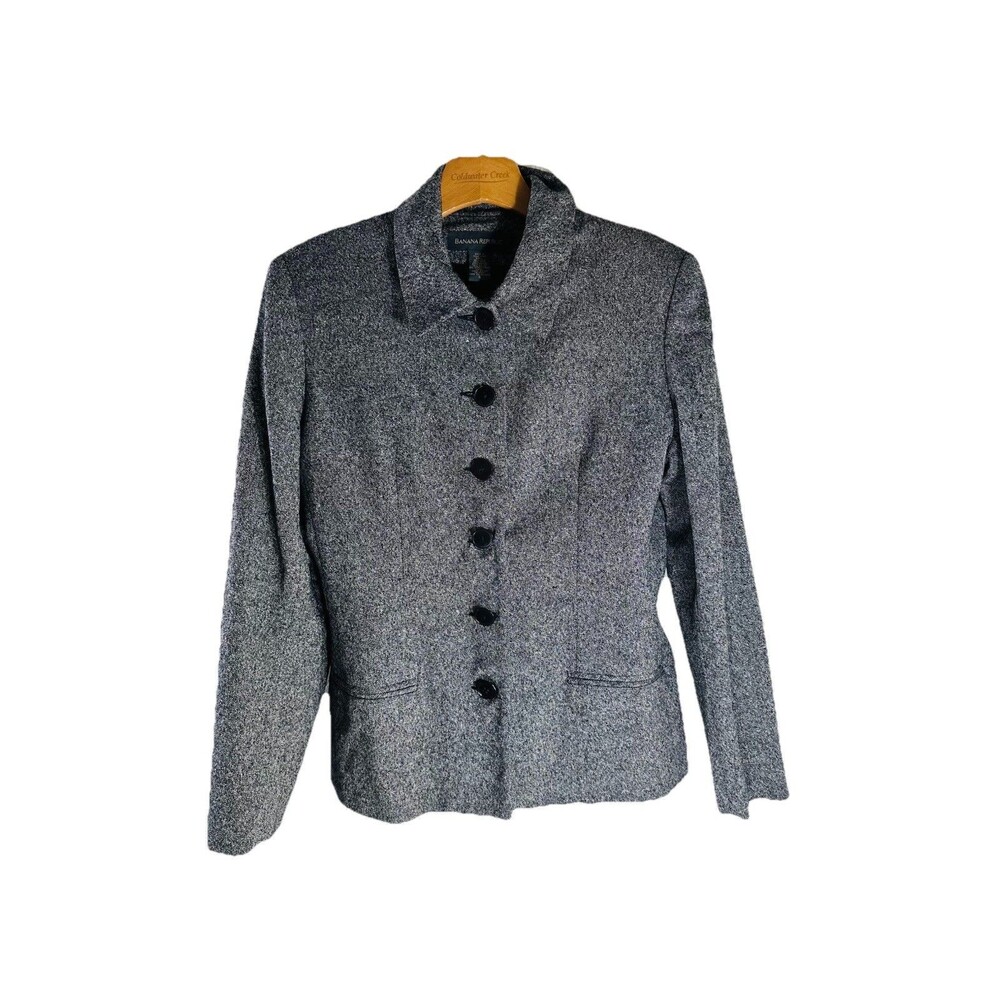 Banana Republic Silk Wool Plaid Blazer SZ 6 Charcoal Grey Tweed Career Academia